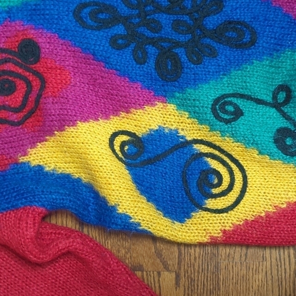 Vtg mohair blend oversized colorblock fuschia pink patterned argyle sweater  M/L - Picture 4 of 9